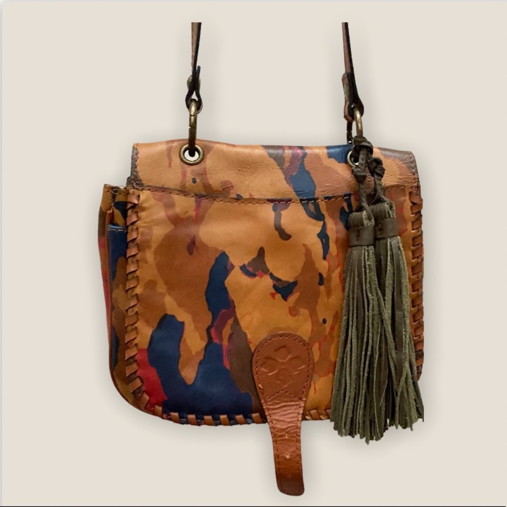 (R) Patricia Nash Karisa Camo Patterened Leather Crossbody Saddle Bag